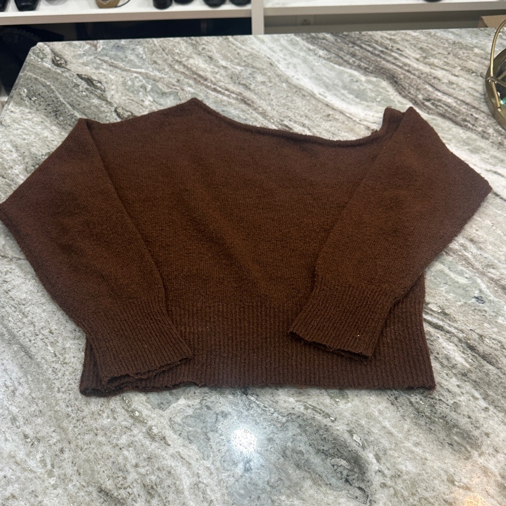 12th Tribe Off-the-Shoulder Brown Knit Sweater